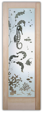 Semi-Private Front Door with Sandblast Etched Glass Art by Sans Soucie Featuring Aquarium Seahorse Oceanic Design