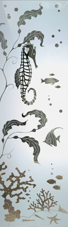 Door Glass Insert showcasing a Frosted Glass Oceanic Design with Sandblast Etched Glass Art by Sans Soucie Aquarium Seahorse Design