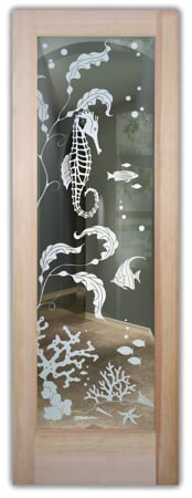 Front Door showcasing a Frosted Glass Oceanic Design with Sandblast Etched Glass Art by Sans Soucie Aquarium Seahorse Design