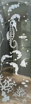 Not Private Interior Insert with Sandblast Etched Glass Art by Sans Soucie Featuring Aquarium Seahorse Oceanic Design