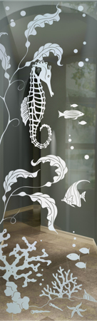 Door Glass Insert showcasing a Frosted Glass Oceanic Design with Sandblast Etched Glass Art by Sans Soucie Aquarium Seahorse Design