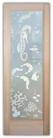 Interior Door showcasing a Frosted Glass Oceanic Design with Sandblast Etched Glass Art by Sans Soucie Aquarium Seahorse Design