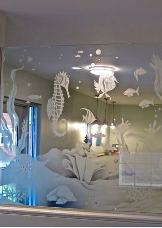 Partition showcasing a Frosted Glass Oceanic Design with Sandblast Etched Glass Art by Sans Soucie Aquarium Seahorse Design