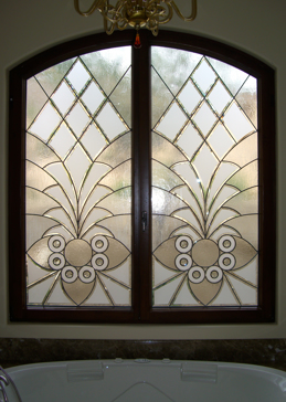 Handcrafted Etched Glass Window by Sans Soucie Art Glass with Custom Traditional Design Called Arabesque Bevels Creating Not Private