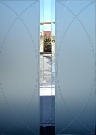 Cabinet Glass showcasing a Frosted Glass Geometric Design with Sandblast Etched Glass Art by Sans Soucie Arcs Design