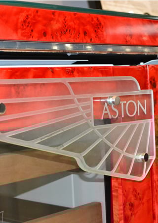 Glass Sign with a Frosted Glass Aston Martin Pulls (similar look) Logos Design for Not Private by Sans Soucie Art Glass