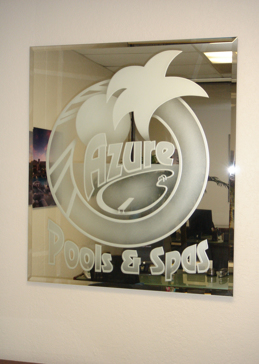 Private Wall Sign with Sandblast Etched Glass Art by Sans Soucie Featuring Azure Pools (similar look) Logos Design