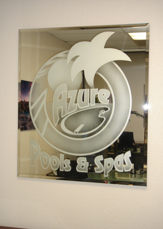 Glass Sign showcasing a Frosted Glass Logos Design with Sandblast Etched Glass Art by Sans Soucie Azure Pools (similar look) Design