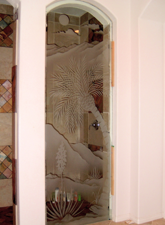 Window with a sandblast Frosted Glass Palm Trees Design Custom-Designed Decorative Etched Glass