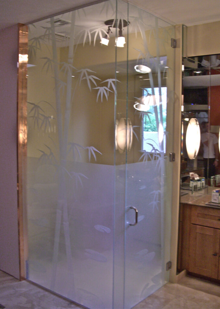 Bamboo-inspired carved glass shower enclosure