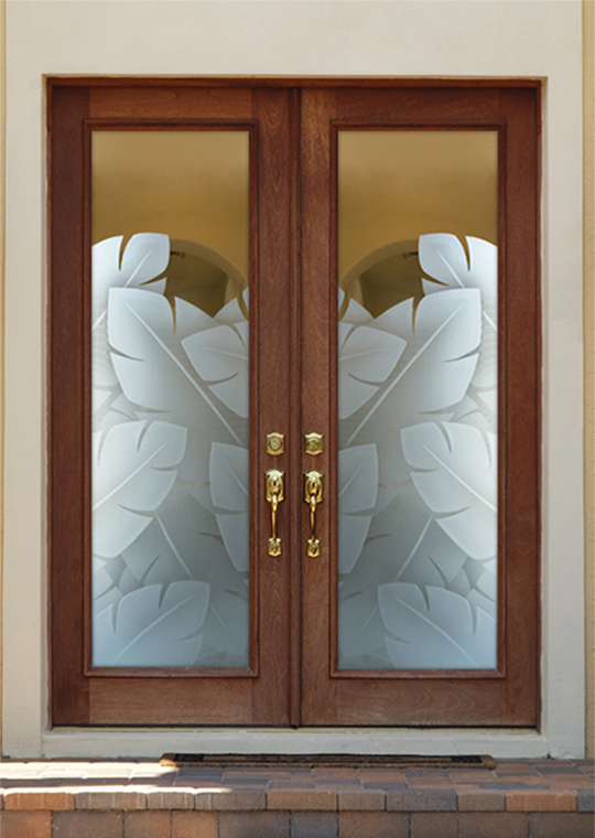 Exterior French doors with 3D frosted glass design banana leaves - Sans Soucie Art Glass
