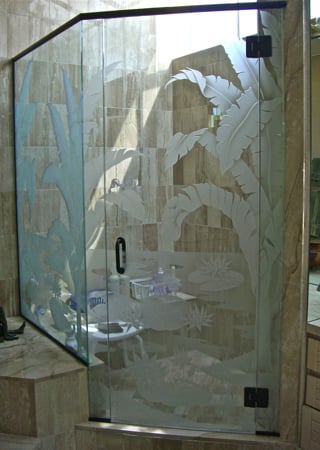 Shower Enclosure showcasing a Frosted Glass Tropical Design with Sandblast Etched Glass Art by Sans Soucie Banana Leaves Lotus Design