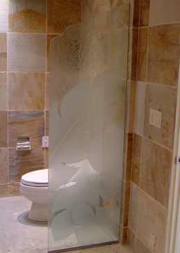 Handmade Sandblasted Frosted Glass Shower Panel for Semi-Private Featuring a Tropical Design Banana Leaves by Sans Soucie