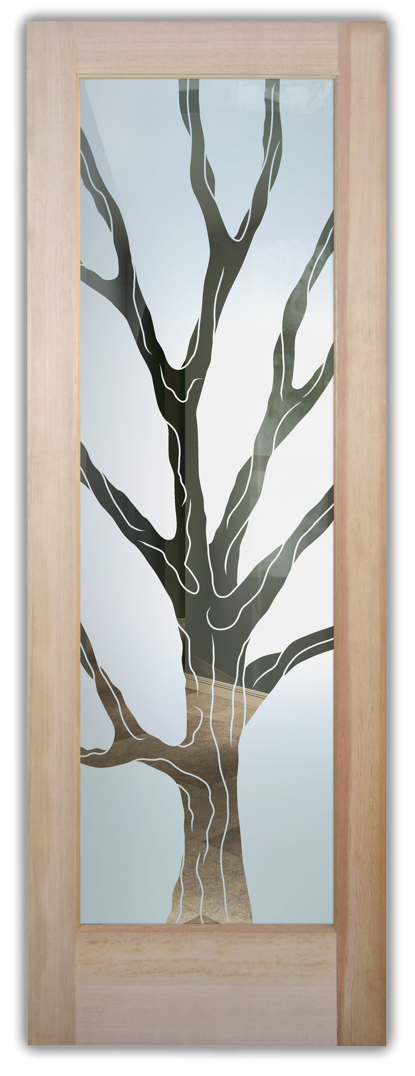Barren Branches glass door with 1D negative design, semi-private etched tree branches on clear background