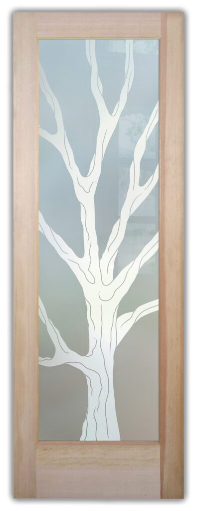 Barren Branches frosted glass door with 1D private etched tree silhouette design
