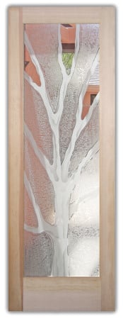 Interior Door showcasing a Frosted Glass Tree Design with Sandblast Etched Glass Art by Sans Soucie Barren Branches Design