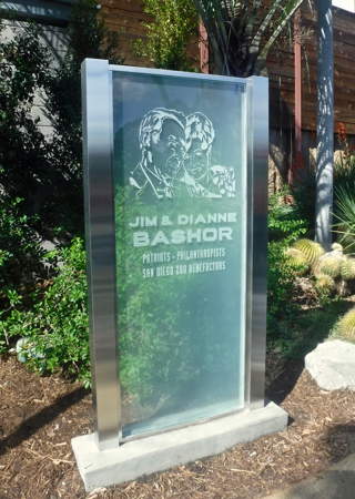 Glass Sign featuring a Frosted Glass Portraitures Design Sandblast Etched Glass Bashors Design by Sans Soucie