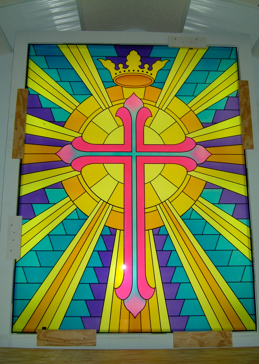 Window with a Frosted Glass Beaming Cross with Crown Traditional Design for Not Private by Sans Soucie Art Glass