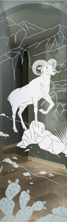 Door Glass Insert featuring a Frosted Glass Wildlife Design Sandblast Etched Glass Bighorn Design by Sans Soucie