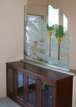 Partition featuring a Frosted Glass Wildlife Design Sandblast Etched Glass Bighorn Design by Sans Soucie