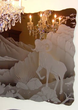 Handmade Sandblasted Frosted Glass Wall Art for Private Featuring a Wildlife Design Bighorn by Sans Soucie