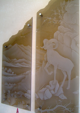 Handmade Sandblasted Frosted Glass Glass Wall Art for Semi-Private Featuring a Wildlife Design Bighorn by Sans Soucie