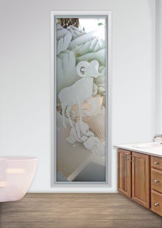 Window featuring a Frosted Glass Wildlife Design Sandblast Etched Glass Bighorn Design by Sans Soucie
