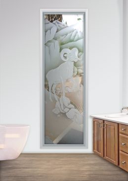 Handmade Sandblasted Frosted Glass Window for Semi-Private Featuring a Wildlife Design Bighorn by Sans Soucie
