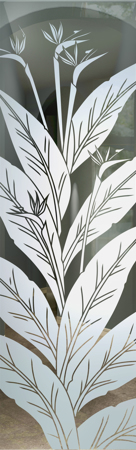 Interior Glass Insert featuring a Frosted Glass Tropical Design Sandblast Etched Glass Bird of Paradise Design by Sans Soucie