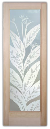 Pantry Door featuring a Frosted Glass Tropical Design Sandblast Etched Glass Bird of Paradise Design by Sans Soucie