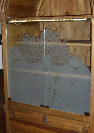 Cabinet Glass showcasing a Frosted Glass Desert Design with Sandblast Etched Glass Art by Sans Soucie Blooming Barrel Cactus Design