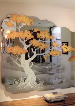 Art Glass Wall Art Featuring Sandblast Frosted Glass by Sans Soucie for Private with Asian Bonsai Design