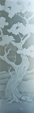 Art Glass Interior Insert Featuring Sandblast Frosted Glass by Sans Soucie for Private with Asian Bonsai Design