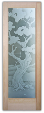 Art Glass Front Door Featuring Sandblast Frosted Glass by Sans Soucie for Private with Asian Bonsai Design