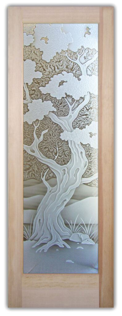3D carved bonsai glass door with gluechip texture, semi-private frosted decorative panel