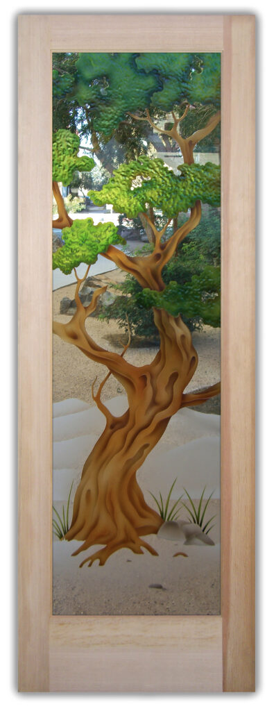 Painted bonsai tree glass door with clear background, 3D carved decorative glass design