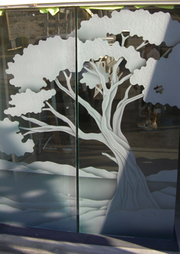 Frameless Glass Door Interior with a Frosted Glass Bonsai IV Asian Design for Semi-Private by Sans Soucie Art Glass