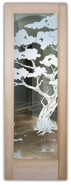 Art Glass Front Door Featuring Sandblast Frosted Glass by Sans Soucie for Not Private with Asian Bonsai II Design