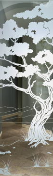 Art Glass Interior Insert Featuring Sandblast Frosted Glass by Sans Soucie for Not Private with Asian Bonsai II Design