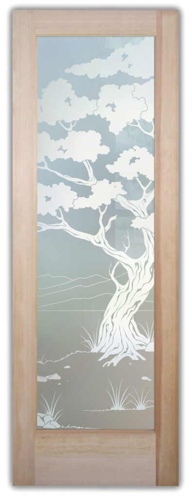 Frosted glass door with bonsai tree design, 1D private etched glass for full privacy