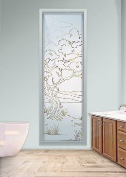 Art Glass Window Featuring Sandblast Frosted Glass by Sans Soucie for Semi-Private with Asian Bonsai II Design