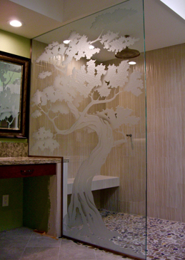 Art Glass Shower Panel Featuring Sandblast Frosted Glass by Sans Soucie for Semi-Private with Asian Bonsai Design