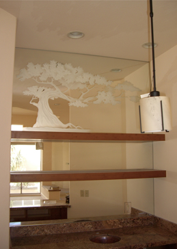 Art Glass Glass Wall Art Featuring Sandblast Frosted Glass by Sans Soucie for Private with Asian Bonsai V Design