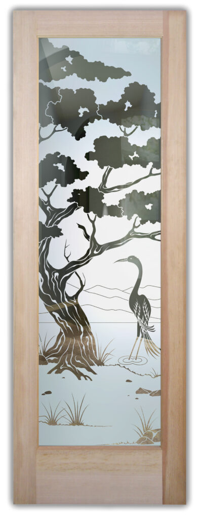 Bonsai tree and egret glass door with 1D negative etched design, semi-private contrast effect