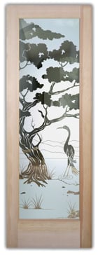 Semi-Private Front Door with Sandblast Etched Glass Art by Sans Soucie Featuring Bonsai Egret Asian Design