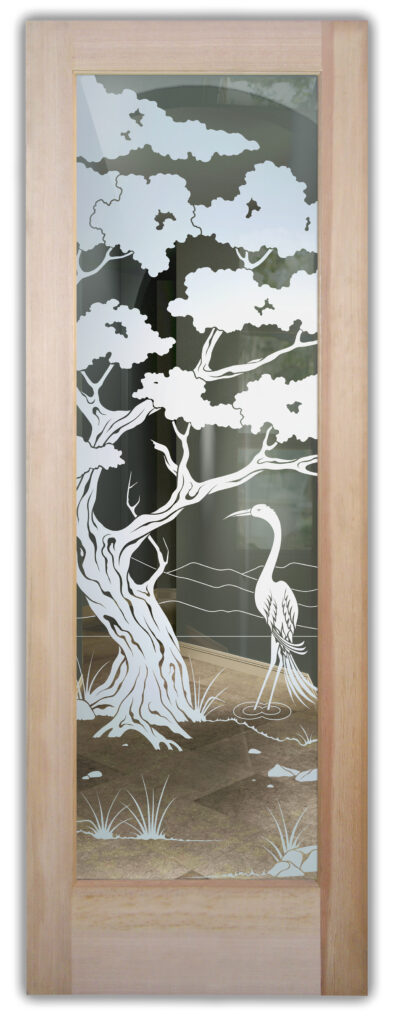Bonsai tree and egret glass door with clear background accents, 1D positive design for semi-privacy