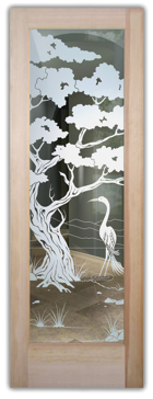 Not Private Interior Door with Sandblast Etched Glass Art by Sans Soucie Featuring Bonsai Egret Asian Design