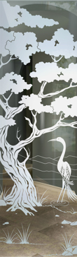 Not Private Interior Insert with Sandblast Etched Glass Art by Sans Soucie Featuring Bonsai Egret Asian Design