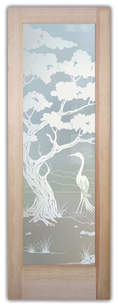 Frosted glass door with bonsai tree and egret design, 1D private etched glass for full privacy