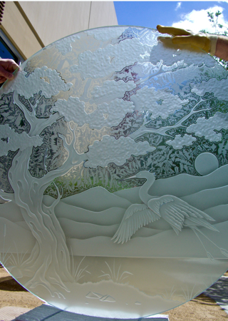 Window with a sandblast Frosted Glass Asian Design Custom-Designed Decorative Etched Glass